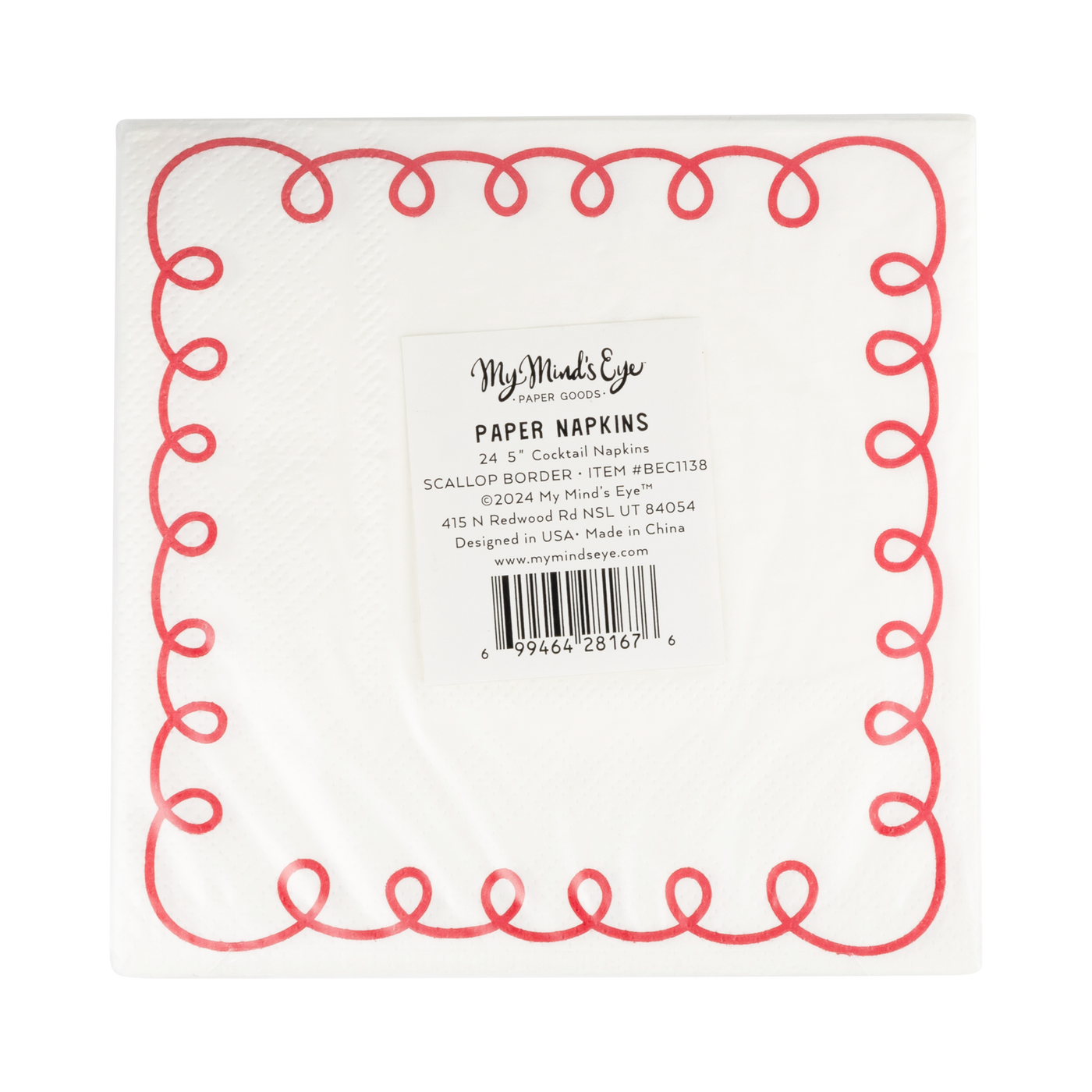 BEC1138 - Red and Cream Scallop Border Paper Cocktail Napkin