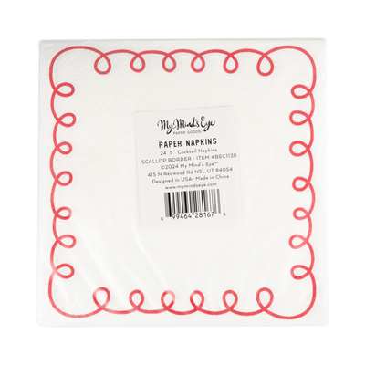 BEC1138 - Red and Cream Scallop Border Paper Cocktail Napkin