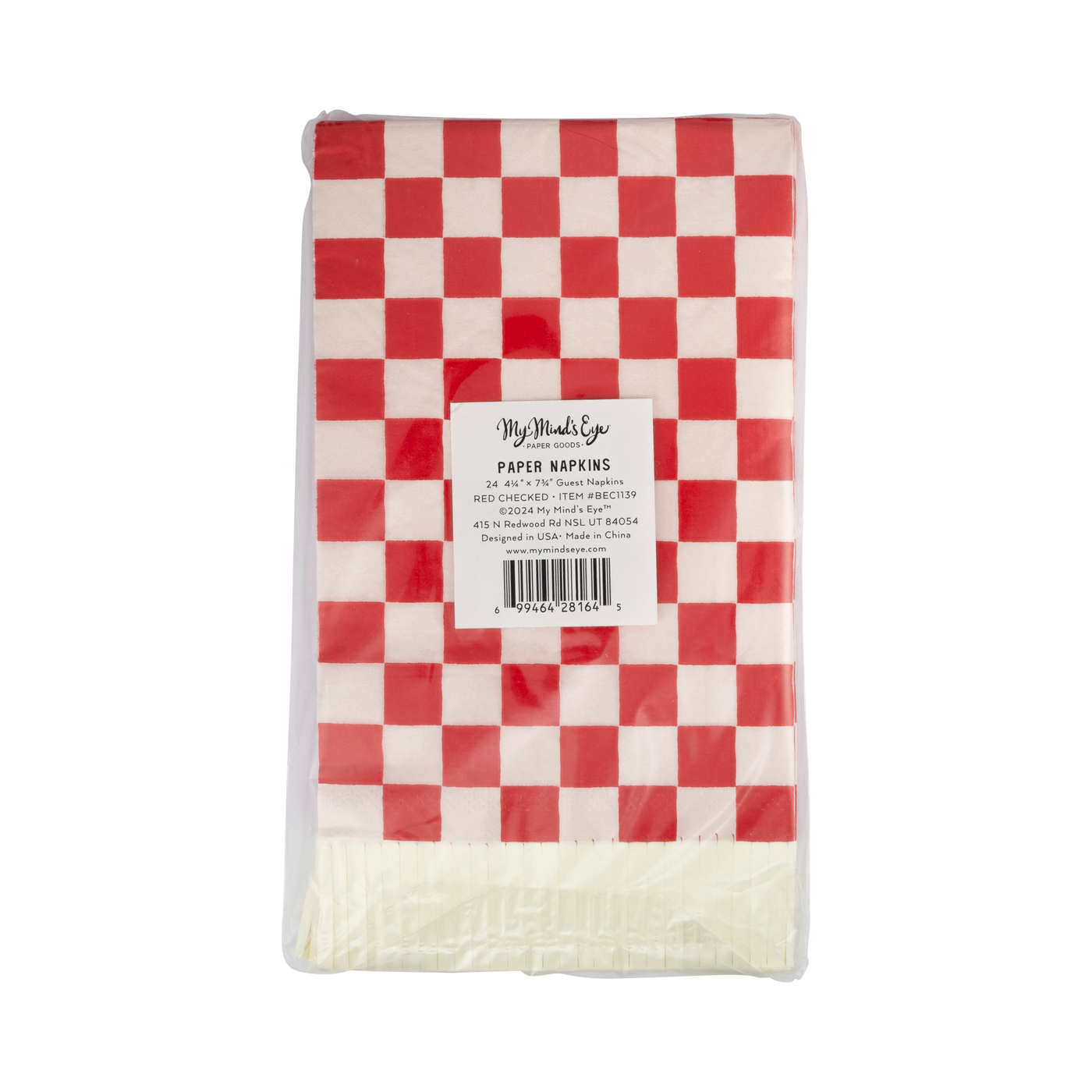 BEC1139 - Red and Pink Checked Fringed Paper Dinner Napkins