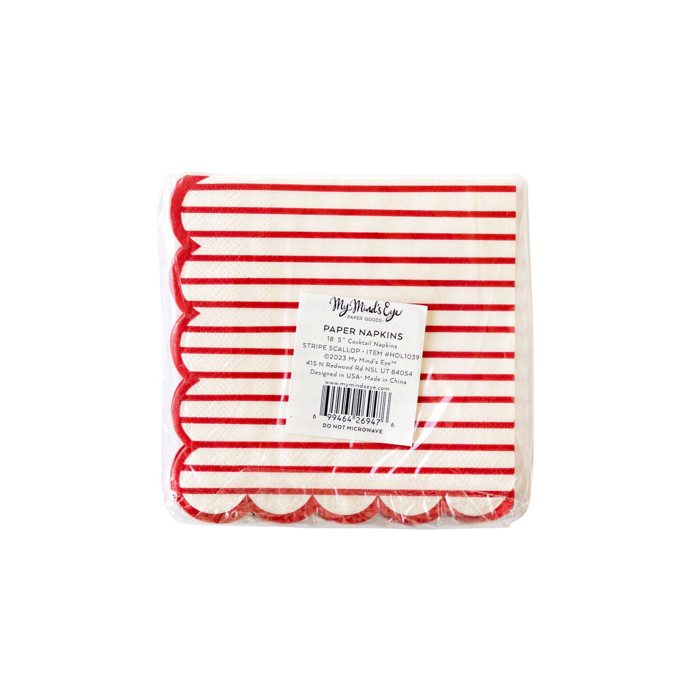 HOL1039 - Holly & Stripes Scalloped Stripes Paper Cocktail Napkin