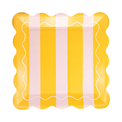 LEM1143 - Yellow & Pink Striped Scalloped Square Plate