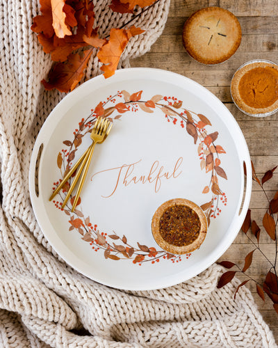 PLBT162 -  Thankful Wreath Reusable Bamboo Round Serving Tray