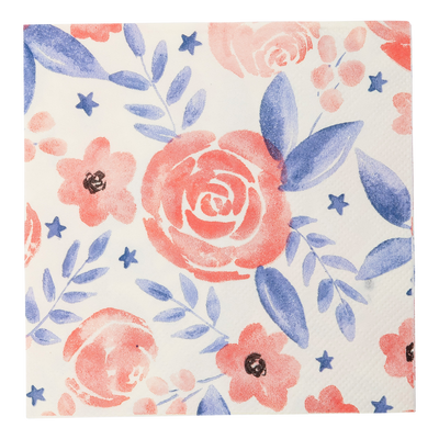 PLNP358 - Red and Blue Watercolor Floral Paper Cocktail Napkin