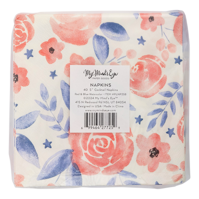 PLNP358 - Red and Blue Watercolor Floral Paper Cocktail Napkin