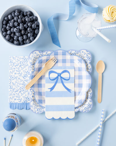 PLNP865 - Blue Stripe Bow Scallop Guest Napkin