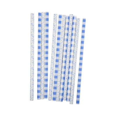 PLSS349 - Blue Plaid Floral Reusable Straws