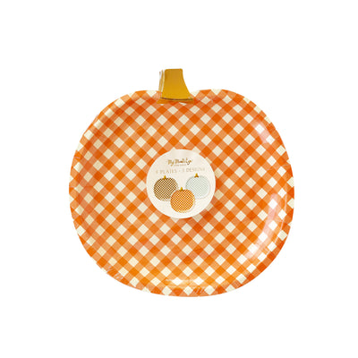 THP1043 - Harvest Gingham Pumpkin Shaped Paper Plate Set
