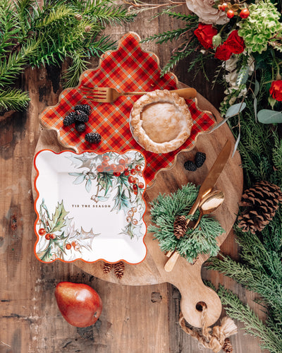 TIS1241 - Red Plaid Square Gold Edge Scalloped Plate