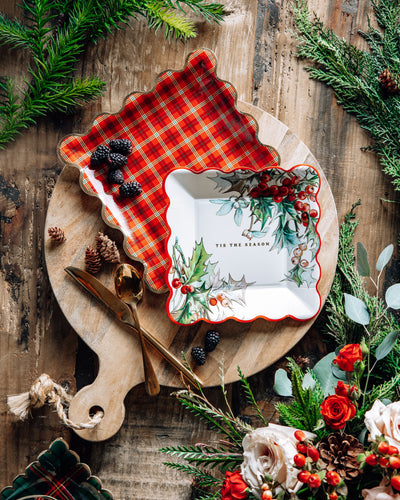 TIS1241 - Red Plaid Square Gold Edge Scalloped Plate