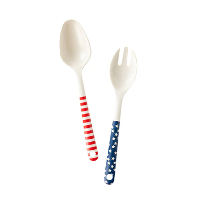 SSP924 - Stars and Stripes Salad Spoon and Fork Reusable Bamboo Serving-ware