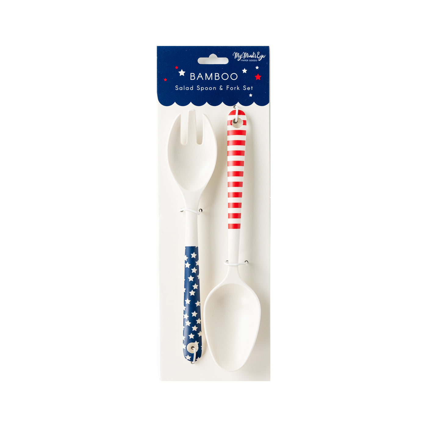 SSP924 - Stars and Stripes Salad Spoon and Fork Reusable Bamboo Serving-ware